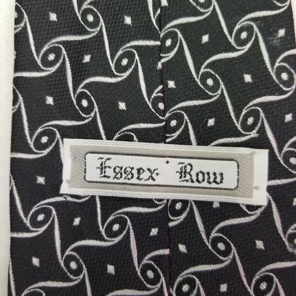 Essex Row Men's Tie 100% Silk Black & White Scroll Foulard 3 1/2x58 1/2" - Picture 4 of 6